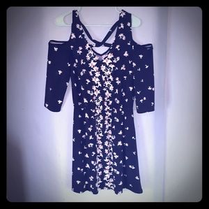 Cold shoulder floral print black dress